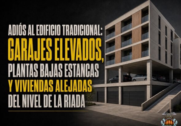 Recreación de un edificio con garajes elevados y viviendas situadas a mayor altura