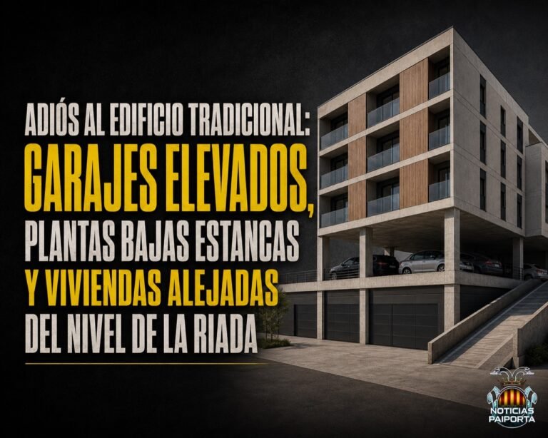 Recreación de un edificio con garajes elevados y viviendas situadas a mayor altura