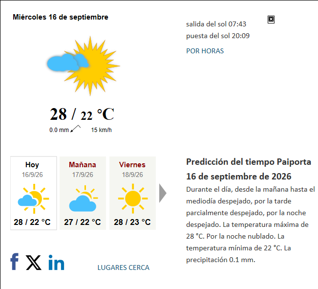 Previsión del tiempo en Paiporta del 2026-09-16