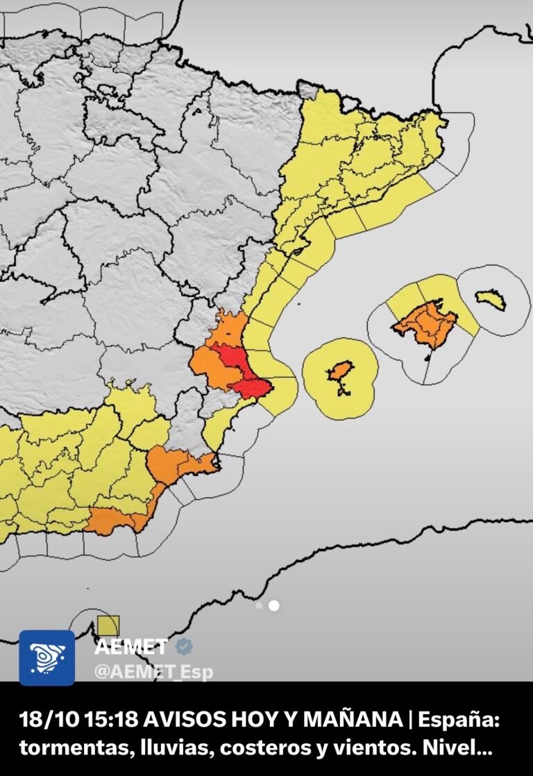 Mapa de avisos de AEMET del 18 de octubre con nivel rojo en el litoral de Valencia